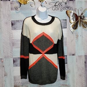 Potter's Pot Patchwork Open Weave Sweater Metallic Trim Sz S